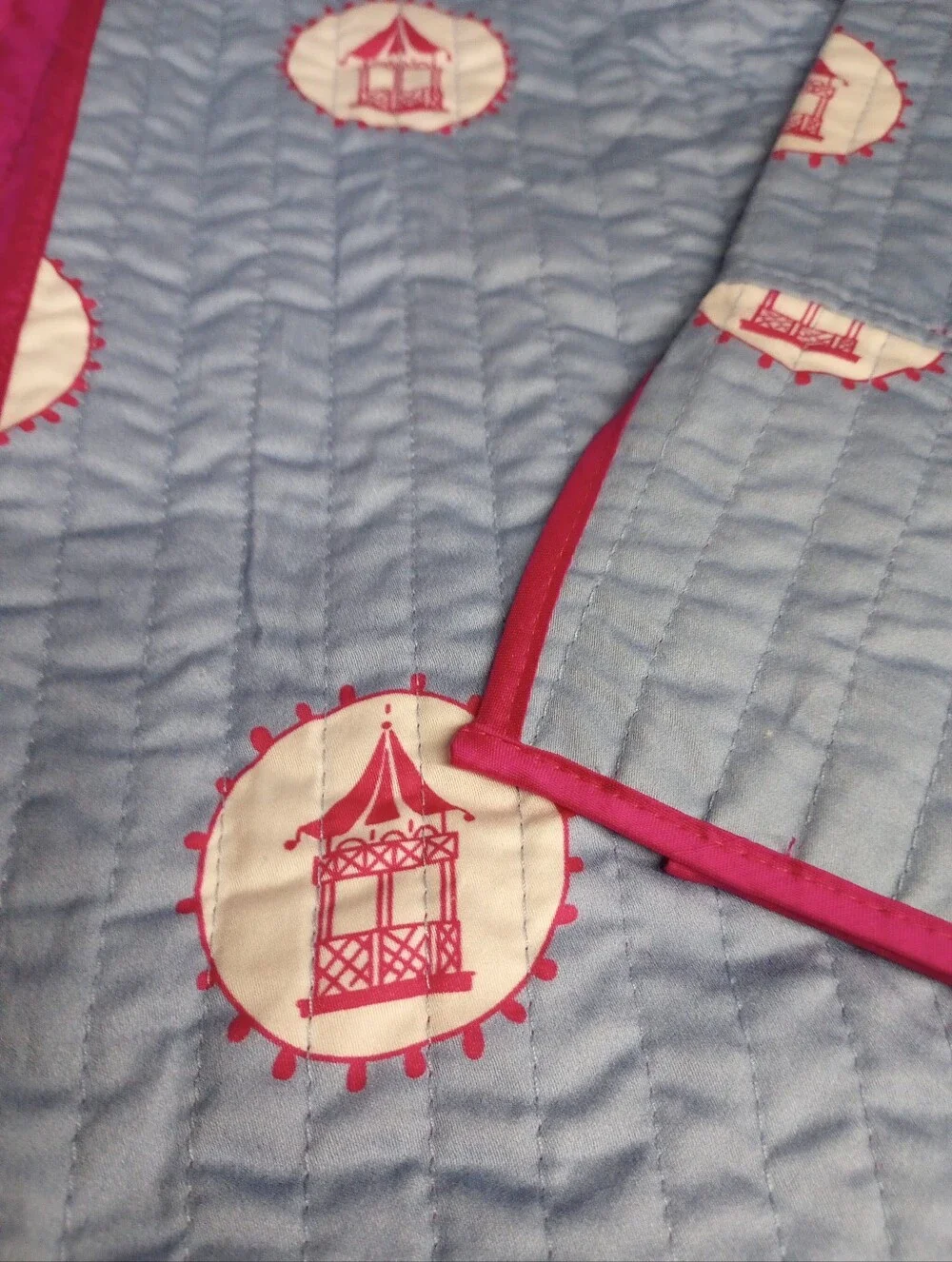 PATTY KIM Blue Quilted Throw with Hot Pink Trim and Medallion Motifs Size Small